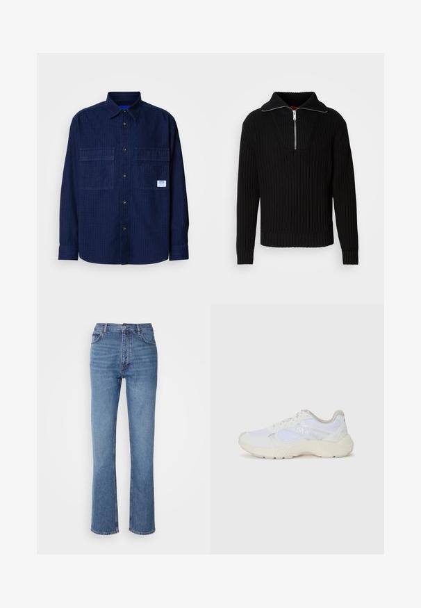 Melna ribota džemperis ar augstu apkakli un īsu rāvējslēdzēju. Iezīmējas ar teksturētu audumu un pieguļošām aprocēm, radot strukturētu siluetu.; Tumši zili garas piedurknes pogājama krekls ar divām krūšu kabatām un mazu baltu etiķeti labajā kabatā.; Zilā denima bikses ar augstu jostasvietu, taisnas kājas dizainu un vieglu nolietojumu. Satur klasisku piecu kabatu stilu un ar rāvējslēdzēju aizdari.; Baltas sporta apavi, kas izgatavoti no sieta un zamšāda, ar teksturētu starpzoli, teksturētām akcentēm un "HUGO" logo sānos.