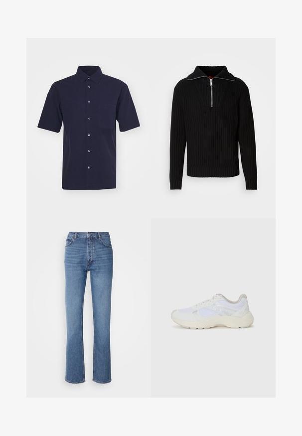 Czarny sweter żeberkowy z wysokim kołnierzem i krótkim zamkiem. Posiada teksturowany materiał oraz dopasowane mankiety, co nadaje mu zarysowaną sylwetkę.; Ciemnoniebieska koszula z krótkim rękawem wykonana z tkaniny o gładkiej fakturze. Posiada klasyczny kołnierzyk, zapięcie na guziki oraz kieszeń na piersi.; Niebieskie dżinsy o wysokim stanie, prostym kroju nogawek i subtelnych przetarciach. Posiadają klasyczny pięciopakowy styl oraz zamek błyskawiczny.; Białe sportowe buty wykonane z siateczki i zamszu, z teksturowaną podeszwą środkową, teksturowanymi akcentami i logo "HUGO" z boku.