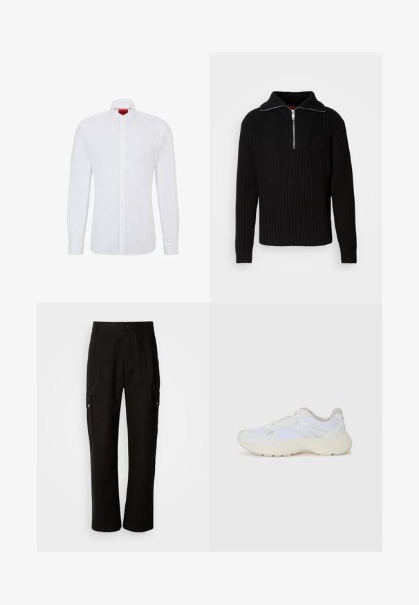 Pull noir à côtes avec un col haut et une fermeture éclair courte. Présente un tissu texturé et des poignets ajustés, offrant une silhouette structurée.; Chemise blanche à manches longues en coton avec un devant à boutons, col classique et texture subtile, arborant un logo rouge à l'intérieur du col.; Pantalons cargo noirs en coton avec une coupe décontractée, dotés de poches latérales, d'une fermeture à bouton et de jambes droites. Design simple sans motifs.; Baskets de sport blanches en mesh et en daim, avec une semelle intermédiaire texturée, des accents texturés et le logo "HUGO" sur le côté.
