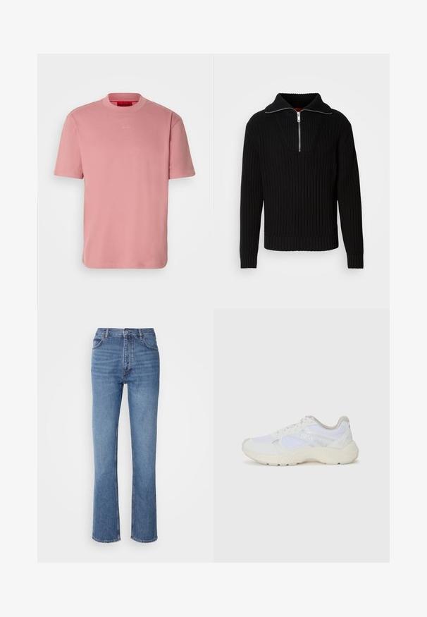 Melna ribota džemperis ar augstu apkakli un īsu rāvējslēdzēju. Iezīmējas ar teksturētu audumu un pieguļošām aprocēm, radot strukturētu siluetu.; Rozā kokvilnas T-krekls ar apaļu kakla izgriezumu, īsām piedurknēm un mazu balto logotipu "HUGO", kas atrodas krūtīs centrā. Gluda tekstūra.; Zilā denima bikses ar augstu jostasvietu, taisnas kājas dizainu un vieglu nolietojumu. Satur klasisku piecu kabatu stilu un ar rāvējslēdzēju aizdari.; Baltas sporta apavi, kas izgatavoti no sieta un zamšāda, ar teksturētu starpzoli, teksturētām akcentēm un "HUGO" logo sānos.