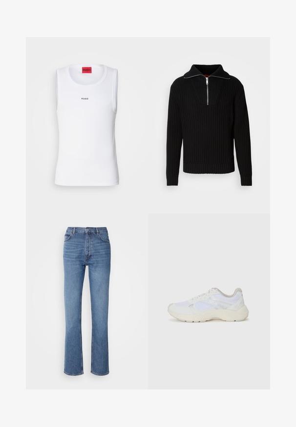 Black ribbed sweater with a high collar and short zipper. Features textured fabric and fitted cuffs, providing a structured silhouette.; White tank top made of stretch fabric, featuring a round neckline, sleeveless design, and a small black "HUGO" logo on the front.; Blue denim jeans with a high waist, straight-leg design, and subtle fading. Features classic five-pocket styling and a zip fly closure.; White athletic shoes made of mesh and suede, featuring a textured midsole, textured accents, and "HUGO" logo on the side.
