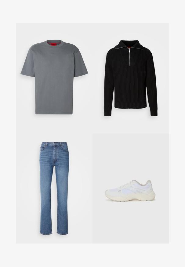 Pulover negru cu nervuri, guler înalt și fermoar scurt. Prezentând un material texturat și manșete ajustate, oferind o siluetă structurată.; Tricou din bumbac gri cu maneci scurte. Are un guler rotund și un logo gravat subtil în centru. Textură netedă, design minimalist.; Jeans din denim albastru cu talie înaltă, design cu picior drept și decolorare subtilă. Prezintă un stil clasic cu cinci buzunare și închidere prin fermoar.; Adidași albi, din plasă și piele întoarsă, cu o talpă intermediară texturată, accente texturate și logo-ul "HUGO" pe lateral.
