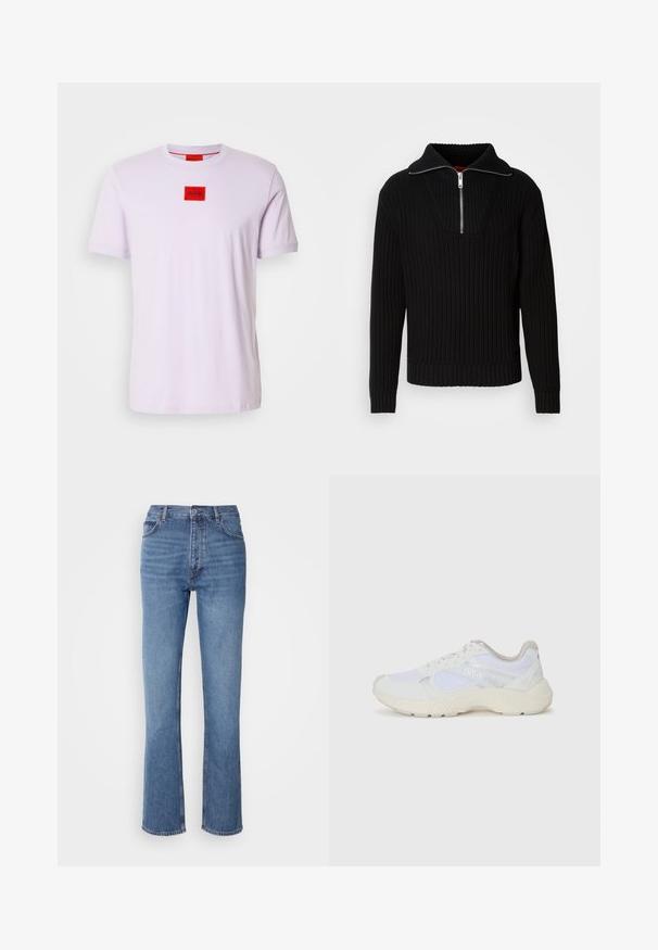 Sort ribbet sweater med høj krave og kort lynlås. Har struktureret stof og tætsiddende manchetter, der giver en struktureret silhuet.; Lys lilla bomulds T-shirt med rund halsudskæring, korte ærmer og et rødt rektangulært logo-patch med teksten "HUGO" på brystet.; Blå denimjeans med høj talje, lige ben-design og subtilt slid. Har klassisk fem-lommers stil og lynlås lukning.; Hvide sportssko lavet af mesh og ruskind, med en struktureret mellemsål, strukturerede detaljer og "HUGO"-logoet på siden.