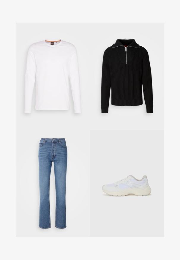Fekete bordás pulóver magas gallérral és rövid cipzárral. Texturált anyaggal és testre szabott mandzsettákkal rendelkezik, amely struktúrált siluettet biztosít.; Fehér, hosszú ujjú pamut póló. Kerek nyakkivágással és egy kis dombornyomott logóval a bal mellen. Simaság jellemzi.; Kék farmernadrág magas derékkal, egyenes szabású dizájnnal és enyhe kopással. Jellemzője az klasszikus öt zsebes kialakítás és cipzáras zárás.; Fehér sportcipők, amelyek hálós és velúr anyagból készültek, texturált középtalppal, texturált részletekkel és a "HUGO" logóval az oldalon.