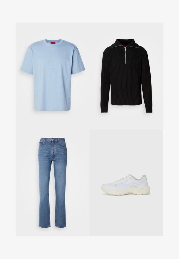 Melna ribota džemperis ar augstu apkakli un īsu rāvējslēdzēju. Iezīmējas ar teksturētu audumu un pieguļošām aprocēm, radot strukturētu siluetu.; Gaiši zils kokvilnas T-krekls ar apaļu izgriezumu. Uz priekšpuses ir reljefa logo dizains. Īsas piedurknes un brīva piegriezuma.; Zilā denima bikses ar augstu jostasvietu, taisnas kājas dizainu un vieglu nolietojumu. Satur klasisku piecu kabatu stilu un ar rāvējslēdzēju aizdari.; Baltas sporta apavi, kas izgatavoti no sieta un zamšāda, ar teksturētu starpzoli, teksturētām akcentēm un "HUGO" logo sānos.