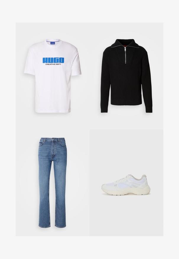 Black ribbed sweater with a high collar and short zipper. Features textured fabric and fitted cuffs, providing a structured silhouette.; White cotton t-shirt featuring a bold blue "HUGO" logo and black "CREATIVE DEPT." text on the front. Classic crew neckline and short sleeves.; Blue denim jeans with a high waist, straight-leg design, and subtle fading. Features classic five-pocket styling and a zip fly closure.; White athletic shoes made of mesh and suede, featuring a textured midsole, textured accents, and "HUGO" logo on the side.