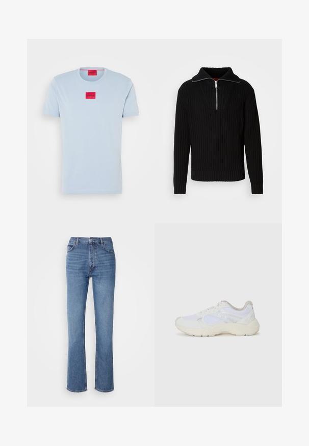 Fekete bordás pulóver magas gallérral és rövid cipzárral. Texturált anyaggal és testre szabott mandzsettákkal rendelkezik, amely struktúrált siluettet biztosít.; Világoskék pamut póló kerek nyakkal. Jellemzője egy piros téglalap alakú folt, rajta "HUGO" fehér betűkkel. Rövid ujjú és sima textúrájú.; Kék farmernadrág magas derékkal, egyenes szabású dizájnnal és enyhe kopással. Jellemzője az klasszikus öt zsebes kialakítás és cipzáras zárás.; Fehér sportcipők, amelyek hálós és velúr anyagból készültek, texturált középtalppal, texturált részletekkel és a "HUGO" logóval az oldalon.