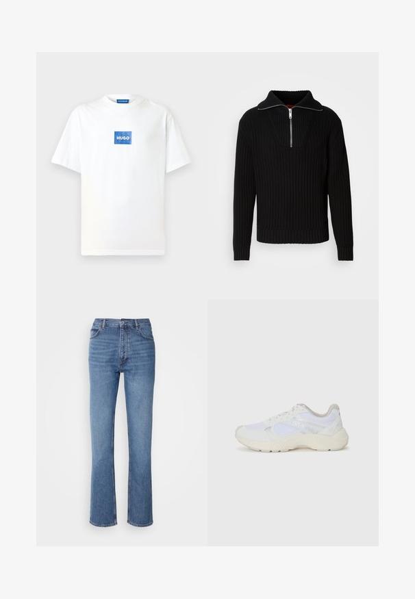 Black ribbed sweater with a high collar and short zipper. Features textured fabric and fitted cuffs, providing a structured silhouette.; White cotton t-shirt with short sleeves and a round neckline. Features a blue rectangular logo with "HUGO" centered on the front.; Blue denim jeans with a high waist, straight-leg design, and subtle fading. Features classic five-pocket styling and a zip fly closure.; White athletic shoes made of mesh and suede, featuring a textured midsole, textured accents, and "HUGO" logo on the side.