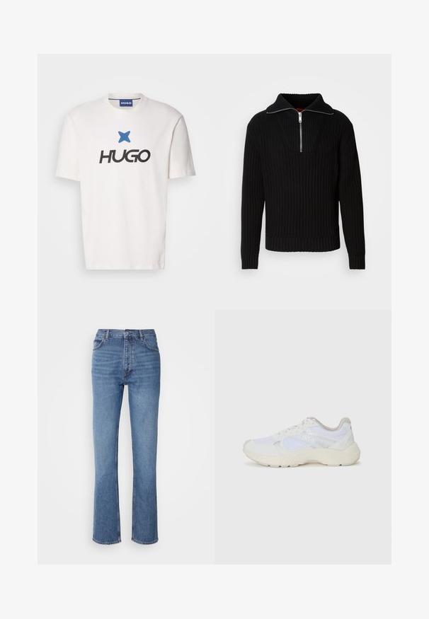 Schwarzer gerippter Pullover mit hohem Kragen und kurzem Reißverschluss. Verfügt über einen strukturierten Stoff und enganliegende Bündchen, die eine konturierte Silhouette bieten.; Weißes Baumwoll-T-Shirt mit einem blauen Sternenlogo über dem Wort "HUGO" in fetter schwarzer Schrift. Rundhalsausschnitt, kurze Ärmel.; Blaue Denim-Jeans mit hoher Taille, geradem Bein und dezenter Ausbleichung. Verfügt über einen klassischen Fünf-Taschen-Stil und einen Reißverschluss.; Weiße Sportschuhe aus Mesh und Wildleder, mit einer strukturierten Zwischensohle, strukturierten Akzenten und dem "HUGO"-Logo an der Seite.