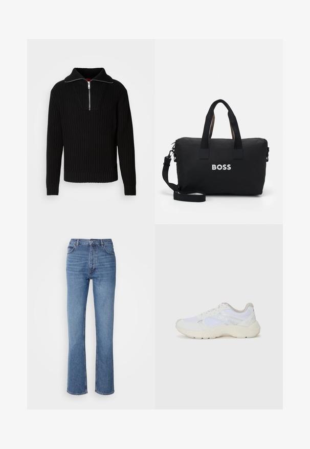 Pull noir à côtes avec un col haut et une fermeture éclair courte. Présente un tissu texturé et des poignets ajustés, offrant une silhouette structurée.; Jean en denim bleu à taille haute, design à jambe droite et décoloration subtile. Présente un style classique à cinq poches et une fermeture éclair.; Baskets de sport blanches en mesh et en daim, avec une semelle intermédiaire texturée, des accents texturés et le logo "HUGO" sur le côté.; Sac de sport en nylon noir avec des poignées marron contrastantes et une bandoulière réglable. Présente un logo "BOSS" blanc bien en vue sur le devant.