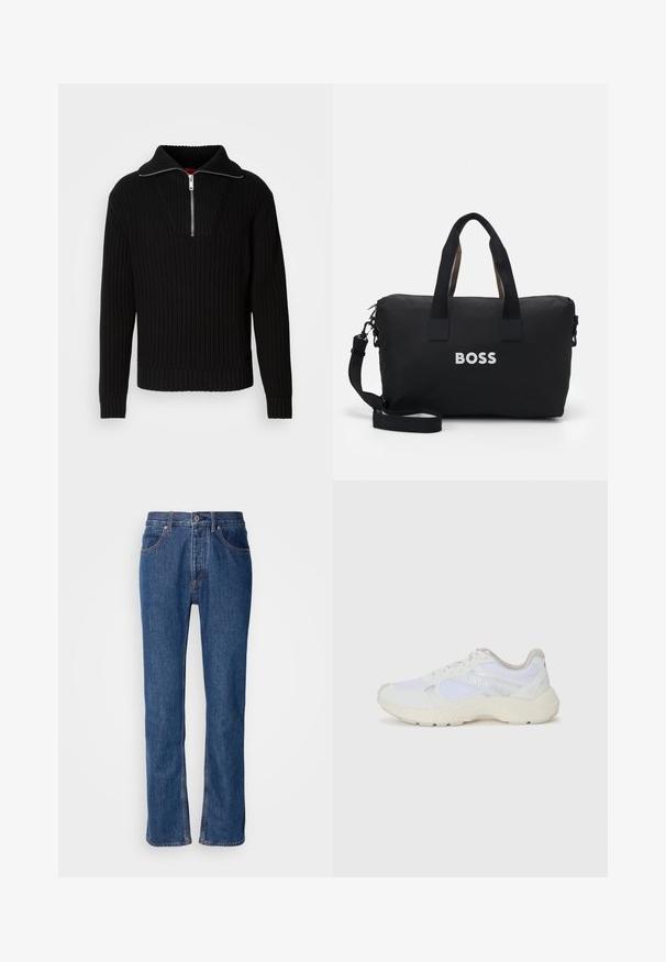 Melna ribota džemperis ar augstu apkakli un īsu rāvējslēdzēju. Iezīmējas ar teksturētu audumu un pieguļošām aprocēm, radot strukturētu siluetu.; Zilas džinsu bikses ar taisnu griezumu, piecu kabatu dizainu un gaišu šuvumu. Iekļauj rāvējslēdzēja aizdari un priekšējo pogu.; Baltas sporta apavi, kas izgatavoti no sieta un zamšāda, ar teksturētu starpzoli, teksturētām akcentēm un "HUGO" logo sānos.; Melns neilona sporta soma ar kontrastējošiem brūniem rokturiem un regulējamu plecu siksnu. Priekšpusē ir izcelts balts "BOSS" logo.