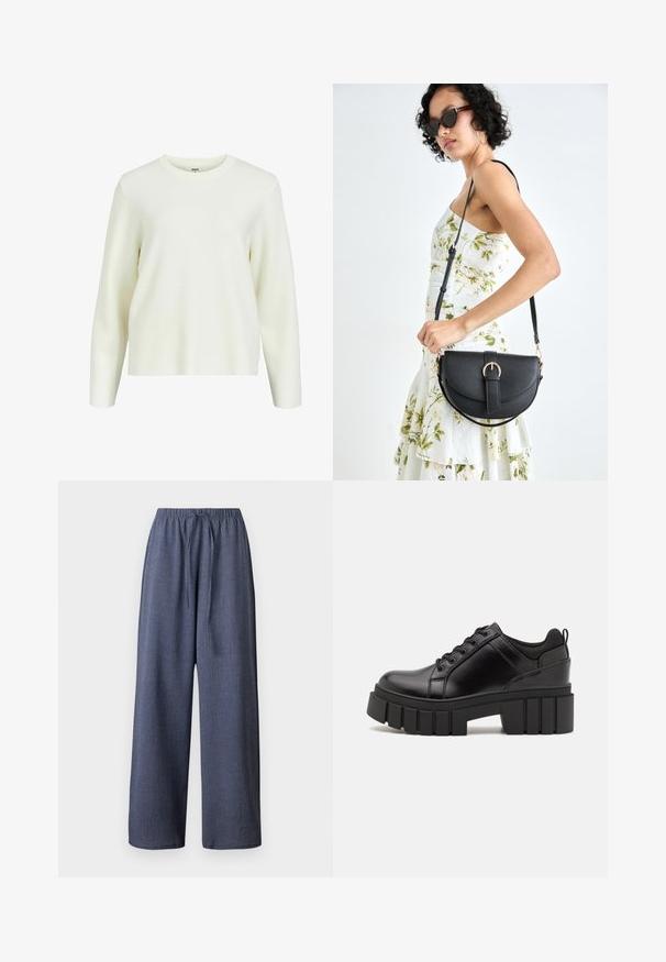 Cream-colored sweater, round neck, long sleeves, soft knit texture, relaxed fit, minimalistic design, tag visible at the neckline.; Wide-leg pants in navy blue, featuring a textured fabric, elastic waistband, and adjustable drawstring. No pockets visible.; Black leather platform shoes with a chunky block heel, round toe, and traditional lace-up design. Features smooth texture and minimal detailing.; Black leather handbag with a curved shape, detachable strap, and gold hardware. The bag features a flap with a buckle detail.