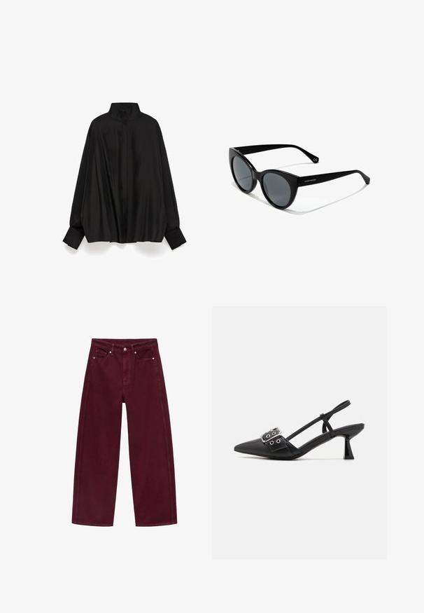 Burgunderfarbener Rollkragenpullover aus weichem Strickstoff, mit langen Ärmeln und geripptem Kragen und Saum, der eine taillierte Silhouette bietet.; Schwarze Bluse mit hohem Kragen, langen Ärmeln und geknöpften Manschetten. Aus glattem, glänzendem Stoff gefertigt, mit lockerer Passform und einer Mittelnähten auf der Rückseite.; Burgunderfarbene Schlagjeans aus Baumwoll-Denim, mit einem Vier-Taschen-Design und metallischem Knopfverschluss mit passender Naht.; Simmi London DALA - Pumps - black; Sonnenbrille im Cat-Eye-Stil mit schwarzen Kunststoffrahmen, grauen getönten Gläsern und glatter Oberfläche. Mit Logo am linken Bügel und gebogenen Schenkeln.; Schwarze Lederhandtasche mit geschwungenem Design, Beschlägen in Goldfarbe und einem oberen Griff. Verfügt über einen eleganten Verschluss und eine glatte Textur.