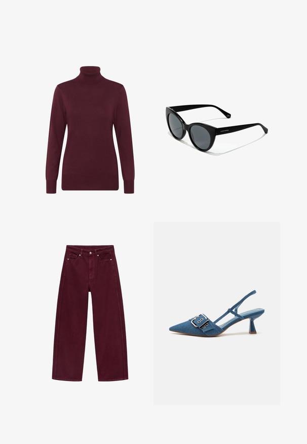 Burgundski turtleneck pulover od mekanog pletene tkanine, s dugim rukavima i rebrastim okovratnikom i rubovima, koji pruža prilagođeni siluet.; Bordo široke traperice izrađene od pamuka, s dizajnom od četiri džepa i metalnim kopčanjem koje se slaže s navođenjem.; Denim sandale s visokom petom s izrezbarenim prstom, podesivim remenom s kopčanjem i sjajnim plavim potpeticama. Glatka tekstura s svijetloplavim uloškom.; Mačkasti sunčani naočale s okvirom od crne plastike, sivo obojenim staklima i glatkom završnom obradom. Imaju logo na lijevoj strani drške i zaobljene sljepoočne dijelove.; Crna kožna torba s zakrivljenim dizajnom, zlatnim detaljima i gornjom drškom. Ima elegantno zatvaranje i glatku teksturu.