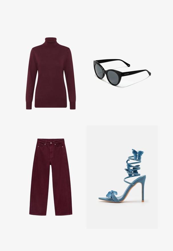 Burgundy turtleneck sweater made of soft knit fabric, featuring long sleeves and a ribbed collar and hem, providing a fitted silhouette.; Burgundy wide-leg jeans made from cotton denim, featuring a four-pocket design and metal button closure with matching stitching.; Simmi London CHENDA - High heeled sandals - blue denim; Cat-eye sunglasses with black plastic frames, gray tinted lenses, and smooth finish. Features logo on the left arm and curved temples.; Black leather handbag with a curved design, gold-tone hardware, and a top handle. Features a sleek closure and smooth texture.