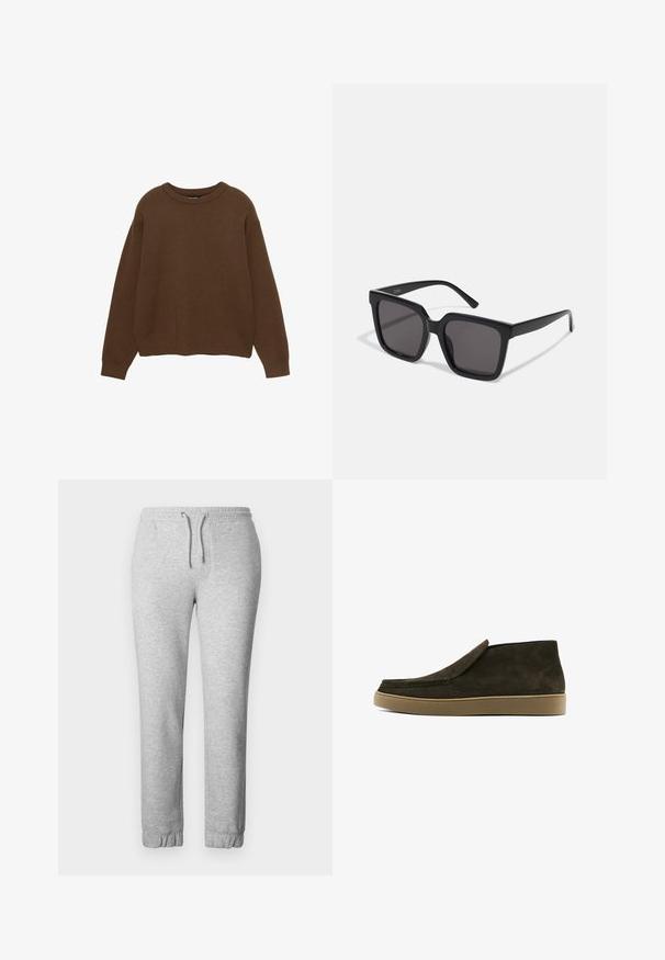 Brun strikket sweater med rund halsudskæring, lange ærmer og en afslappet pasform. Glat tekstur med ribbede mansjetter og kant.; Grå joggers lavet af blødt stof, med elastisk talje med snor, elastiske manchetter og en glat overflade.; Brune ruskind slip-on sko med en glat finish, rund tå og en lysebrune gummisål. Overdelen har et enkelt, rent design.; Sorte brillestel med firkantet ramme, mørktonede linser og glat, blankt plastikmateriale. Bøjlerne har et enkelt, forlænget design.