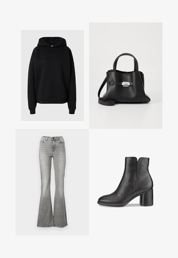 Černá mikina s kapucí z měkké látky, která má volný střih, žebrované manžety a jemný detail loga na přední straně.; Šedé rozšířené džíny z denimu, s vysokým pasem, předními kapsami a efektem blednutí. Lem je mírně širší, což vytváří rozšířený tvar.; Černá kožená kotníková bota s kulatou špičkou, středně vysokým blokovým podpatkem a hladkým povrchem. Vyznačuje se výřezem na zadní části a minimalistickým designem.; Černá kožená kabelka s texturovaným povrchem, vybavená dvěma horními uchy, odnímatelným ramenním popruhem a stříbrným detailem s uzávěrem.