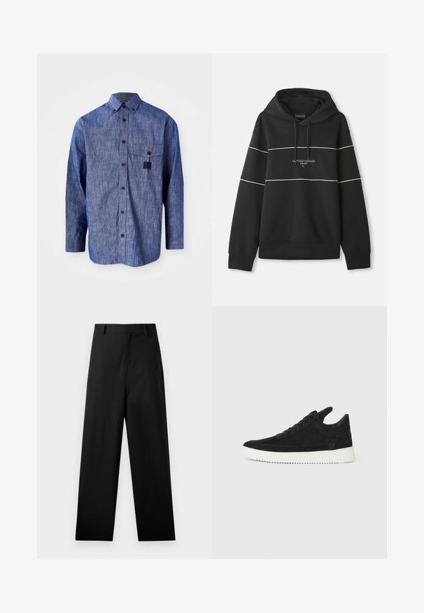 Juodas gobtuvas su baltais horizontaliais dryžiais ir siuvinėtu tekstu "Emporio Armani Milano" ant krūtinės.; Mėlynas džinsinis ilgomis rankovėmis marškinėliai su apykakle su mygtukais, priekiniu krūtine kišenė ir subtiliu tekstūru. Yra tamsūs mygtukai ir kontrastinės siūlės.; Juodas trumpas rankovės marškinėlis su apvalia kaklo iškirpte, su kišene kairėje krūtinės pusėje, ant kurios yra mažas stačiakampio formos logotipas.; Juodos medvilnės kelnės su tiesiu kirpimu, turi priekinį mygtuko užsegimą ir šonines kišenes. Lygus paviršius, be raštų.; Juodų suede sportbačių su balta gumine padu, su toniniais siuvinėjimais ir raištelių užsegimu. Sklandus paviršius su šiuolaikine, laiko forma.