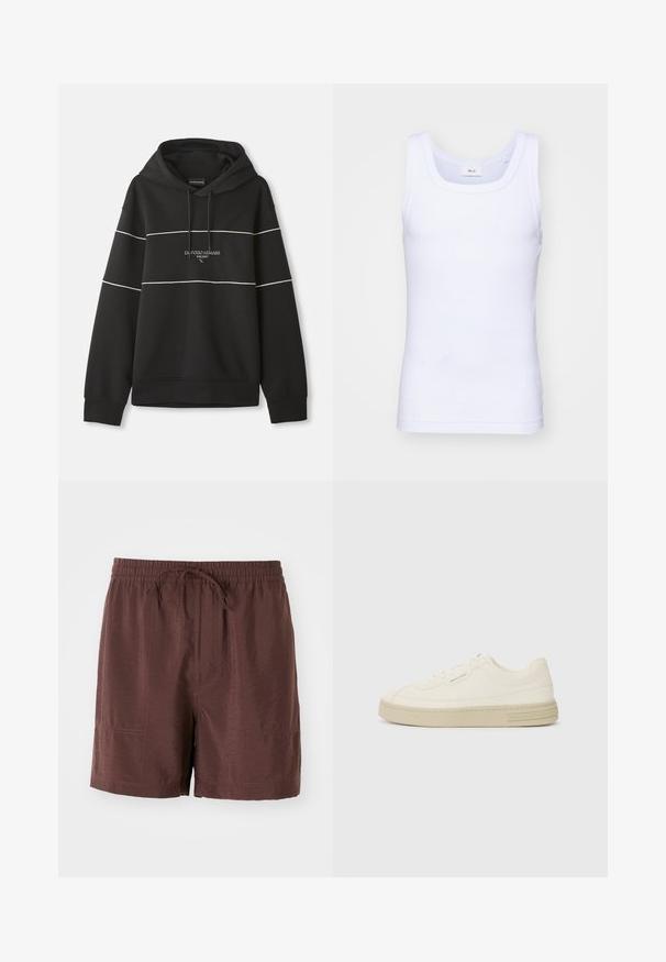 Felpa nera con cappuccio, strisce orizzontali bianche e testo "Emporio Armani Milano" ricamato sul petto.; Canottiera bianca in cotone senza maniche con scollatura rotonda, caratterizzata da una texture liscia e una vestibilità aderente, progettata per l'abbigliamento casual.; Shorts marroni leggeri con cintura elastica e cordino. Presentano tasche laterali e una superficie liscia e leggermente lucida.; Sneakers bianche in tela con suola in gomma testurizzata, dotate di una punta cucita e di un accento con logo sul tallone. Design semplice con lacci.
