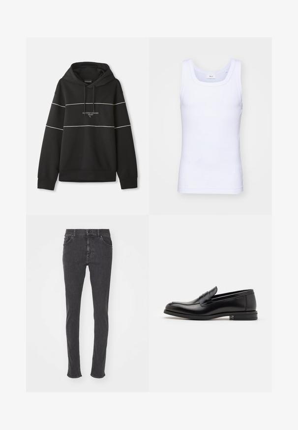Juodas gobtuvas su baltais horizontaliais dryžiais ir siuvinėtu tekstu "Emporio Armani Milano" ant krūtinės.; Balti medvilninė be rankovių marškinėliai su apvaliu iškirpimu, pasižymintys lygiu tekstūru ir prigludusia forma, skirti kasdieniam dėvėjimui.; Juodos spalvos džinsai iš džinso audinio, siaura forma, penkių kišenių dizainas su kontrastingomis siūlėmis. Yra mygtuko užsegimas ir diržo kilpos.; Juodos odinės loafers, turinčios lygų paviršių, apvalią noselę ir dekoratyvinę juostą per priekinę dalį. Žemas krentantis kulnas, minimalistinis dizainas.