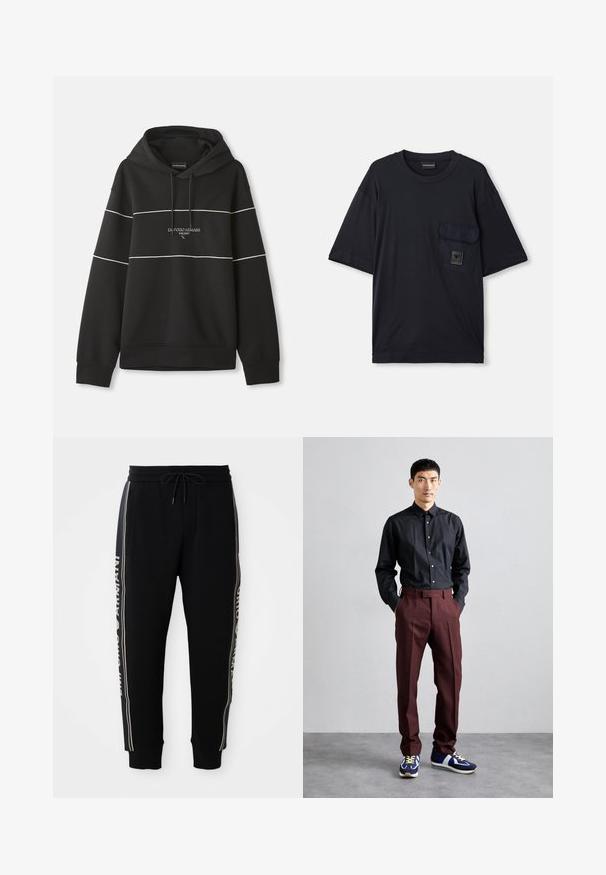 Felpa nera con cappuccio, strisce orizzontali bianche e testo "Emporio Armani Milano" ricamato sul petto.; T-shirt nero a maniche corte con collo a giro e tasca a patta sul lato sinistro del petto, caratterizzato da un piccolo logo rettangolare.; Pantaloni jogger neri con vita elastica, cordino, tasche laterali, polsini a costine e testo "Emporio Armani" bianco lungo le strisce laterali.; Camicia nera a maniche lunghe con bottoni abbinata a pantaloni bordeaux a vita alta e sneakers blu con accenti verdi. Il modello sta in piedi con le mani in tasca.