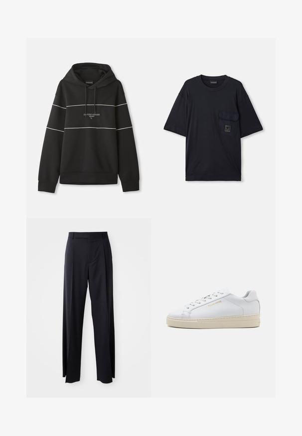 Sudadera con capucha negra con franjas horizontales blancas y texto "Emporio Armani Milano" bordado en el pecho.; Camiseta negra de manga corta con cuello redondo y un bolsillo con solapa en el lado izquierdo del pecho, que presenta un pequeño parche rectangular con el logo.; Pantalones negros de tiro alto con corte de pierna ancha, confeccionados en una tela suave. Presenta pliegues en la parte delantera y trabillas para cinturón. Diseño minimalista, sin hardware visible.; Sneaker blanca de cuero con punta redonda, cordones planos y suela de goma crema. Presenta un sutil logotipo en dorado y una textura suave.
