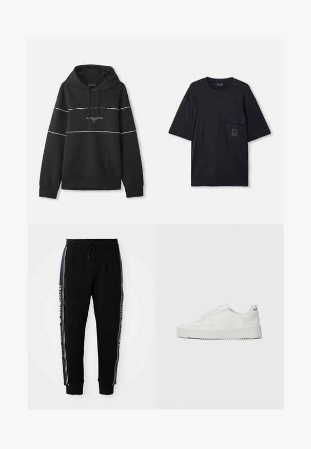 Črna kapucinska majica s snežno belimi vodoravnimi črtami in izvezenim napisom "Emporio Armani Milano" na prsi.; Črna kratkosleeve majica s krožnim izrezom in žepom na levem prsnem delu, ki vsebuje majhen pravokotni logotip.; Črne trenirke z elastičnim pasom, vrvico, stranskima žepoma, rebrastimi manšetami in belim napisom "Emporio Armani" ob stranskih črtah.; Bela usnjena športna obutev z gladko površino, okroglo prst, ravne vezalke in teksturiran podplat. Ima diskretno logo na peti.