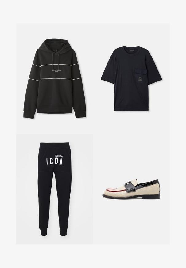 Čierna mikina s kapucňou a bielymi horizontálnymi pruhmi, s nápisom "Emporio Armani Milano" vyšitým na hrudi.; Čierne tričko s krátkym rukávom a okrúhlym výstrihom, s klopovým vreckom na ľavej hrudi, na ktorom sa nachádza malá obdĺžniková nášivka s logom.; Čierne tepláky s jemnou textúrou, so zužujúcimi sa nohavicami a vreckami. Na zadnej strane je v tučných bielych písmenách nápis "DSQUARED2 ICON".; Béžové mokasíny s embosovaným vzorom, červeným akcentom a lesklým čiernym podpätkom. Majú páskovo s detailom s prackou. Ploché čierne podrážky.