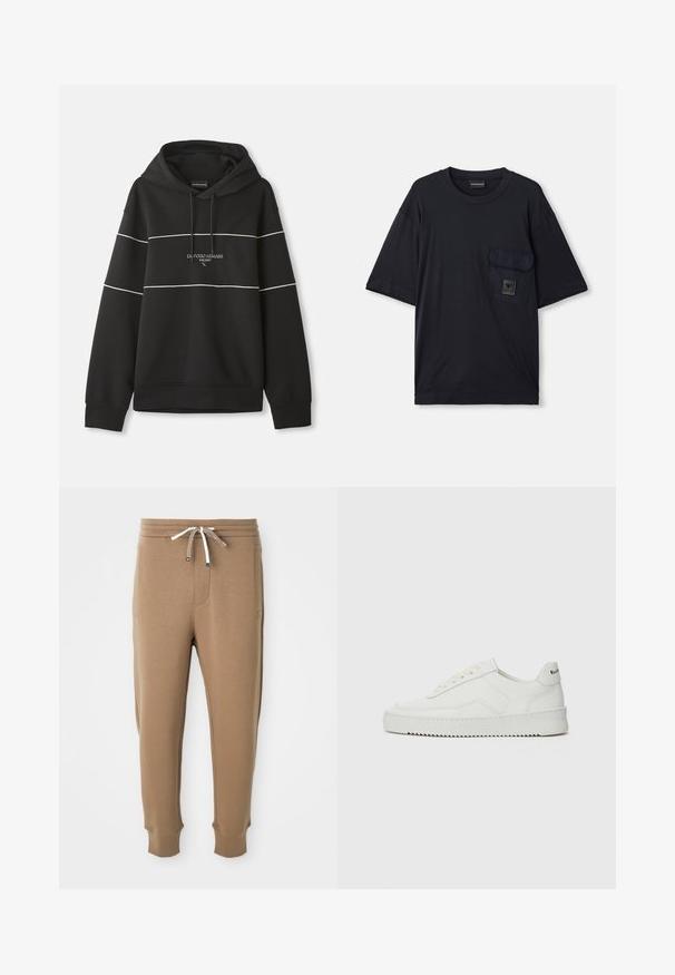 Musta huppari, jossa on valkoisia vaakasuoria raitoja ja rintapuolelle kirjailtu "Emporio Armani Milano" -teksti.; Mustat lyhyet hihat t-paita, jossa on pyöreä kaula-aukko ja vasemmassa rinnassa läppätasku, jossa on pieni suorakaiteen muotoinen logopatch.; Vaaleanruskeat hikoiluhousut, joissa on joustava vyötärö, valkoiset ja ruskeat narut, sivutaskut ja käärityt nilkat valkoisella taustalla.; Valkoinen nahkakenkä, jossa on sileä pinta, pyöreä kärki, tasaiset nauhat ja teksturoitu pohja. Sisältää huomaamattoman logon kantapäässä.