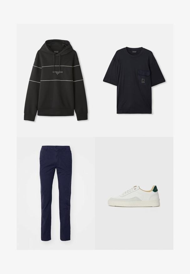 Black hooded sweatshirt with white horizontal stripes and "Emporio Armani Milano" text embroidered on the chest.; Black short-sleeve crew neck T-shirt with a flap pocket on the left chest featuring a small rectangular logo patch.; Navy blue cotton pants with a straight-leg design, featuring a button closure and belt loops. Smooth texture, no prominent patterns.; White sneaker with suede accents, rounded toe, flat laces, and a cream rubber sole. Features green branding on the heel.