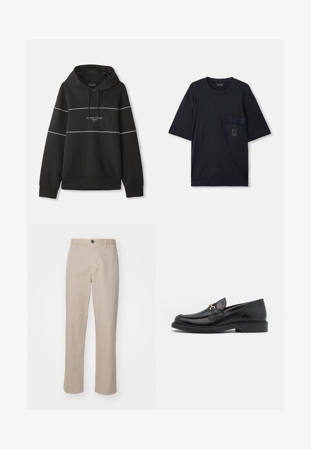 Zwarte hoodie met witte horizontale strepen en "Emporio Armani Milano" tekst geborduurd op de borst.; Zwarte T-shirt met korte mouwen en ronde hals, voorzien van een klepzak aan de linkerkant van de borst met een klein rechthoekig logo-embleem.; Beige rechtlopende broek van lichtgewicht stof, met een knoopsluiting en subtiele stikdetails. Platte voorkant met zijzakken.; Zwarte leren instappers met een ronde neus, voorzien van een gouden hardware accent en stikdetails, geplaatst op een lage, getextureerde rubberen zool.