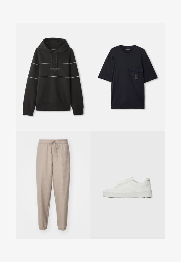 Melna kapuce ar baltām horizontālām svītrām un uz krūtīm izšūts teksts "Emporio Armani Milano".; Melnas īsām piedurknēm kreklu ar apaļu kakla izgriezumu un kabatu uz kreisā krūšu, kas ļauj redzēt nelielu taisnstūra formas logo plāksteri.; Emporio Armani TROUSER - Treniņtērpa apakšdaļas - incense; Baltas ādas sneakers ar gludu virsmu, apaļu pirkstu daļu, plakaniem šņorēm un teksturētu zoli. Satur diskrētu logotipu uz papēža.