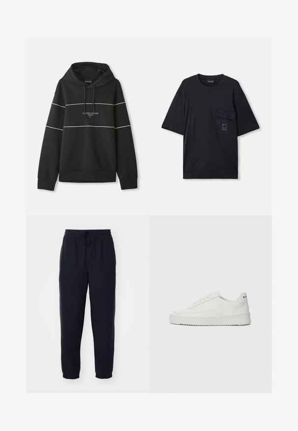 Schwarzer Kapuzenpullover mit weißen horizontalen Streifen und dem aufgestickten Text "Emporio Armani Milano" auf der Brust.; Schwarzes kurzärmliges T-Shirt mit Rundhalsausschnitt und einer aufgesetzten Tasche auf der linken Brust, die mit einem kleinen rechteckigen Logo-Patch versehen ist.; Schwarze Jogginghose aus strukturiertem Stoff, mit einem elastischen Bund und Kordelzug sowie schmal zulaufenden Beinenden.; Weiße Ledersneaker mit glatter Oberfläche, runder Zehenpartie, flachen Schnürsenkeln und strukturiertem Sohlenprofil. Mit einem dezenten Logo an der Ferse.
