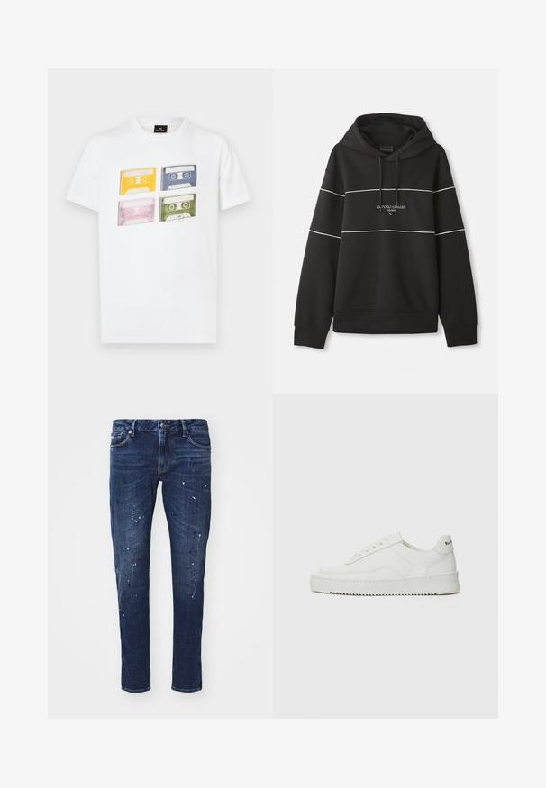 Juodas gobtuvas su baltais horizontaliais dryžiais ir siuvinėtu tekstu "Emporio Armani Milano" ant krūtinės.; Balta medvilninė marškinėliai, kuriuose pavaizduoti keturi spalvoti kasečių įrašai (geltona, mėlyna, rožinė, žalia) su išskirtiniais retro dizainais ir etiketėmis, atspausdintomis priekyje.; Tamsiai mėlynos džinsinės kelnes su siauru siluetu, puošiančiais dažų lašais, matomais siūlais ir standartine penkių kišenių konstrukcija. Tiesios kojos kirpimas.; Balti odiniai sportiniai bateliai su lygia apdaila, apvaliu pirštu, plokščiais raišteliais ir tekstūruotu padu. Pasižymi subtiliu logotipu ant kulno.