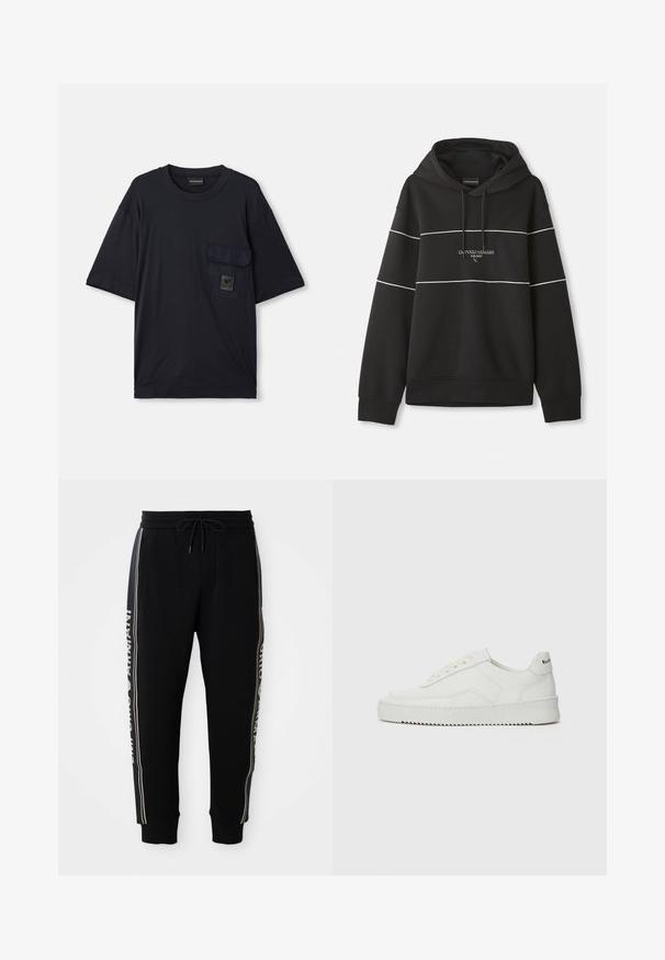 Czarna bluza z kapturem z białymi poziomymi paskami oraz haftem "Emporio Armani Milano" na klatce piersiowej.; Czarna krótkozasięgowa koszulka z okrągłym dekoltem, z klapką na lewej piersi, z małą prostokątną łatką z logo.; Czarne spodnie dresowe z elastycznym pasem, sznurkiem, bocznymi kieszeniami, ściągaczami oraz białym napisem "Emporio Armani" wzdłuż bocznych pasków.; Białe skórzane sneakersy o gładkim wykończeniu, okrągłym nosku, płaskich sznurówkach i teksturowanej podeszwie. Charakteryzują się delikatnym logo na pięcie.