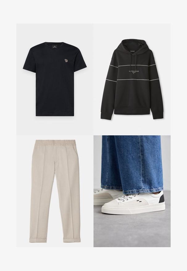 Svart hettegenser med hvite horisontale striper og "Emporio Armani Milano" broderi på brystet.; PS Paul Smith MENS REGULAR FIT - T-shirts - blue; Filippa K TERRY CROPPED TROUSERS - Bukse - sage melange; Hvite og svarte joggesko med en glatt læroverdel, teksturerte detaljer og en kraftig hvit såle. Har en klassisk snøring.