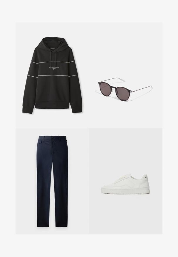 Sudadera con capucha negra con franjas horizontales blancas y texto "Emporio Armani Milano" bordado en el pecho.; Pantalones de pierna recta en azul marino, confeccionados en tela suave. Cuentan con cremallera y cierre de botón, así como un discreto bolsillo lateral. Sin patrones visibles.; Zapatilla de cuero blanca con un acabado suave, puntera redonda, cordones planos y suela texturizada. Cuenta con un sutil logo en el talón.; Gafas de sol redondas negras con lentes oscuros y brazos metálicos delgados. Incluye puntas de varilla transparentes y acentos plateados en la bisagra. Diseño minimalista.