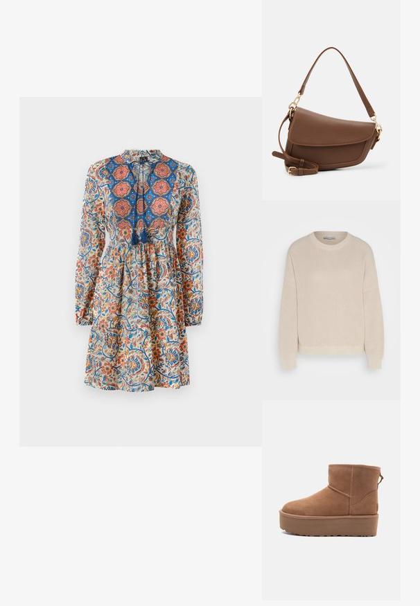 Anna Field Džemper - grey; Lillelille mustriga kleit, millel on pikad varrukad, kõrge kaelus ja paeladetailid. Värvid: sinine, oranž ja kreem.; Kohvatooni nubukist põlvikute saapad platvormsööl with ümmarguse varbaga ja õmblusteenustega; seljal on kinnitusling, mis tagab mugava jalga panemise.; Pruun nahast õlakott tekstuuritud viimistlusega, kõver kuju, kuldse tooni riistvara, reguleeritav rihm ja klappkinnitus.