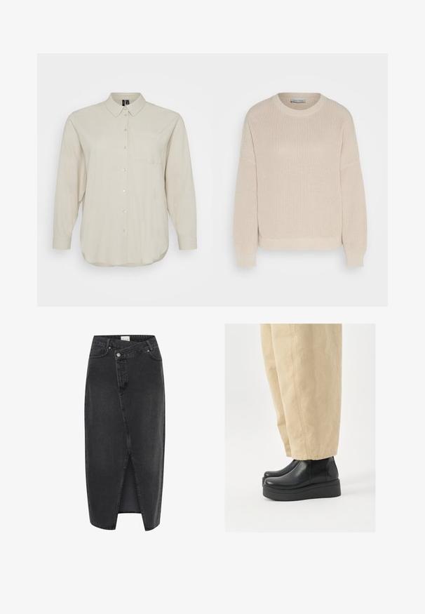 Anna Field Pullover - grey; Chemise à manches longues beige clair en tissu doux, avec un devant à boutons, un col classique et une poche poitrine unique. Texture lisse.; Jupe midi en denim noir avec une fente frontale, une coupe structurée et un design classique à cinq poches. Elle a une fermeture à bouton et à zip.; Bottes noires en cuir à mi-mollet avec un embout rond et une semelle plateforme. Associées à un pantalon large beige, avec des détails de couture visibles.