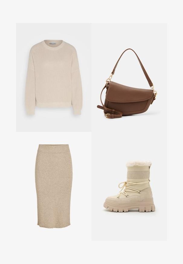Anna Field - Sweter; Dzianinowa spódnica w jasnobeżowym kolorze z pionowym prążkowanym wzorem, do kolan, z elastycznym pasem i prostym krojem.; Beżowe botki za kostkę z puszystym wykończeniem, skórzane i tekstylne, z przodem sznurowanym na metalowych hakach oraz grubą, wytrzymałą podeszwą.; Brązowa skórzana torba na ramię o teksturowanym wykończeniu, zaokrąglonym kształcie, złotych akcentach, regulowanym pasku i zapięciu na klapę.