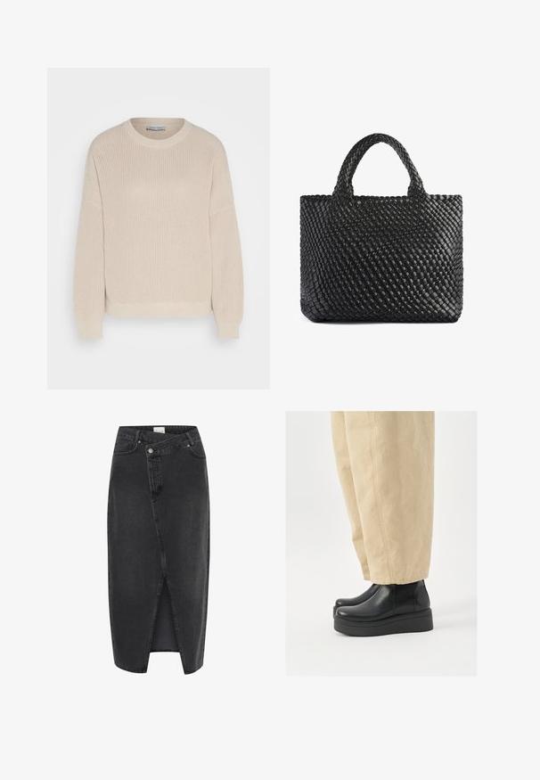 Anna Field Neule - grey; Mustan farkkukankaan midi-hame, jossa on etureikä, jämäkkä istuvuus ja klassinen viisi-taskun muotoilu. Varustettu nappi- ja vetoketjukiinnityksellä.; Mustat nahkaiset nilkkurit, joissa paksu musta alustapala, joustavat sivupaneelit ja kiiltävä viimeistely. Yhdistetty beigen väristen housujen kanssa.; Mustakudottu kassi kahdella kahvalla, jossa on tekstuuri pinta ja suorakulmainen muoto. Yksinkertainen, ainutlaatuinen muotoilu ilman näkyvää metalliosaa.