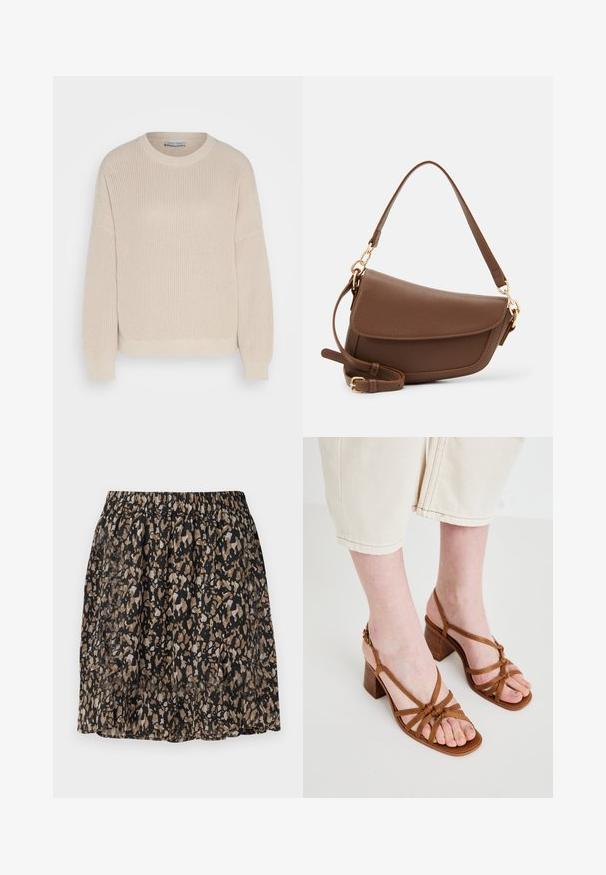 Anna Field Camisola - grey; Saia preta com um padrão abstrato desfocado em bege e castanho. Cintura elástica, tecido leve e design até ao joelho.; Sandálias de salto alto castanhas com tiras, apresentando um salto largo, tiras atadas e um design de bico aberto. Sola texturizada e tiras ajustáveis no tornozelo.; Saco de ombro em couro castanho com um acabamento texturizado, forma curva, metal dourado, alça ajustável e fecho com aba.