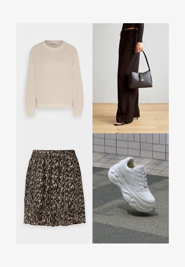 Anna Field Džemper - grey; Mustreeritud must seelik, millel on udune abstraktne muster beeži ja pruuniga. Elastne vöökoht, kerge kangas ja põlvepikkune disain.; Valge nahkne tennis, millel on paks tald, tekstuuriga detailid ja paeltega sulgemine. Omab vormitud aktsente ja siledat viimistlust.; Must musta kott, millel on struktureeritud kuju, sile tekstuur ja metallist klamber. Kombineeritud laiate mustade pükstega ja avatud varvaste sandaalidega puidust põrandal.