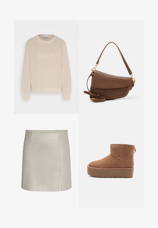 Anna Field Pulover - grey; Svetlo siva uska usnjena krilna obleka s pravim krojem, stranskimi razporki in nevidnim zadrgo. Gladka tekstura z minimalnimi oblikovalskimi elementi.; Bela antilopova gležnjača s platformom, okruglim vrhom i dekorativnim šavovima; ima uvučenu petlju straga za lakše oblačenje.; Brah zlatna usnjena torba za rame z teksturirano površino, ukrivljeno obliko, zlatim okovjem, nastavljivim trakom in pokrovom.