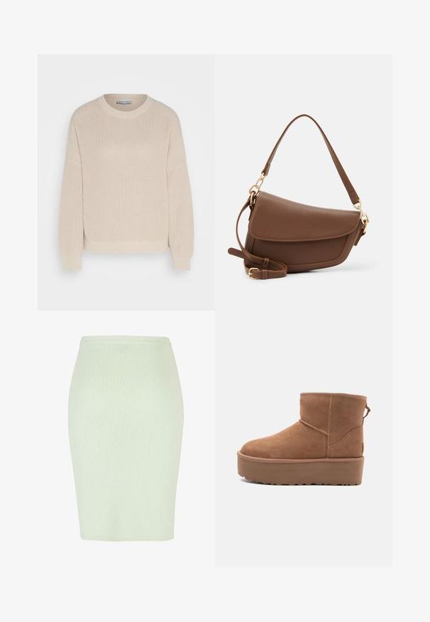 Anna Field Džemper - grey; Kootud pliiatsihari helesinisest rohelisest värvist, vertikaalse ribakujunduse, kehaümaruse ja sileda vööga. Ideaalne igapäevaseks või pidulikuks kandmiseks.; Kohvatooni nubukist põlvikute saapad platvormsööl with ümmarguse varbaga ja õmblusteenustega; seljal on kinnitusling, mis tagab mugava jalga panemise.; Pruun nahast õlakott tekstuuritud viimistlusega, kõver kuju, kuldse tooni riistvara, reguleeritav rihm ja klappkinnitus.