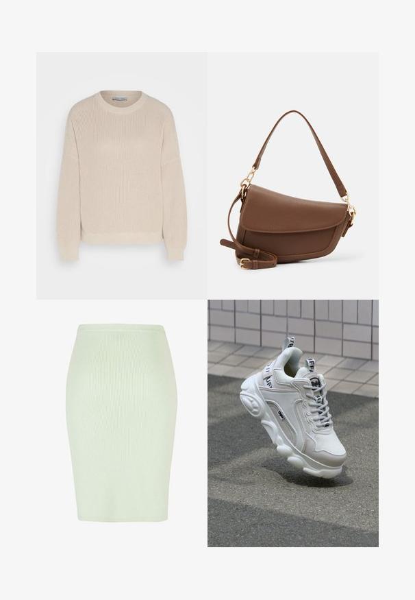 Anna Field - Sweter; Dzianinowa spódnica ołówkowa w jasnym miętowym kolorze z pionowym prążkowanym wzorem, dopasowanym kroju i gładkim paskiem w talii. Idealna zarówno na co dzień, jak i na formalne okazje.; Białe trampki wykonane z siateczki i skóry, z zaokrąglonym noskiem, grubą podeszwą, wyraźnymi sznurowadłami oraz logotypem na pięcie i języku.; Brązowa skórzana torba na ramię o teksturowanym wykończeniu, zaokrąglonym kształcie, złotych akcentach, regulowanym pasku i zapięciu na klapę.