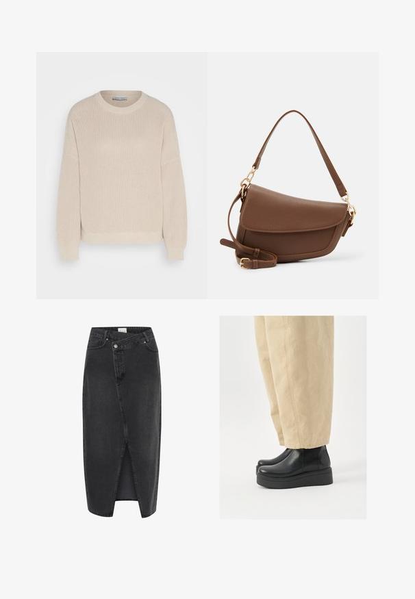 Anna Field Svetrík - grey; Čierna denimová midi sukňa s predným rozparkom, štruktúrovaným strihom a klasickým dizajnom s piatimi vreckami. Obsahuje zapínanie na gombík a zips.; Čierne kožené členkové topánky s okrúhlou špičkou a platformou. V páre s béžovými širokými nohavicami, ktoré majú viditeľné švy.; Hnedá kožená taška na rameno s textúrovaným povrchom, zakriveným tvarom, zlatými doplnkami, nastaviteľným popruhom a preklápacím uzáverom.