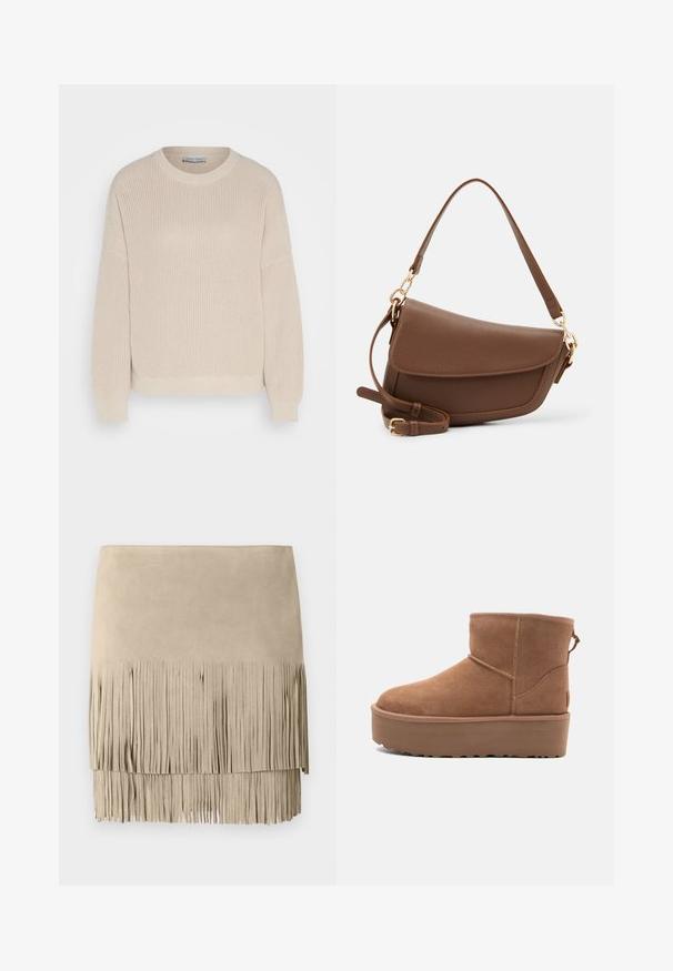 Anna Field Maglione - grey; Mini gonna in suede beige con orlo a frange. Texture liscia con lunghezze di frange uniformi lungo il bordo inferiore. Design classico.; Stivale alla caviglia in suede beige con suola platform, punta rotonda e dettagli di cucitura; presenta un inserto sul retro per una facile calzata.; Borsa a spalla in pelle marrone con finitura testurizzata, forma curva, hardware dorato, tracolla regolabile e chiusura a patta.