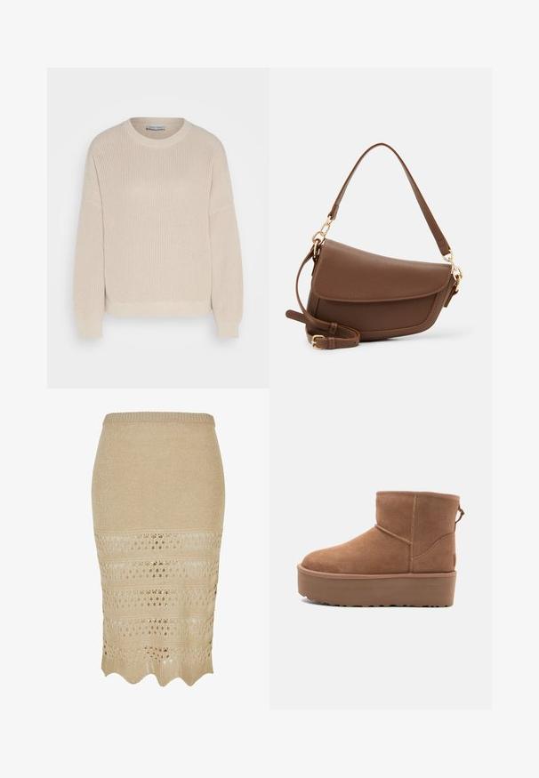 Anna Field Jumper - grey; Knit beige pencil skirt with crochet pattern. Features scalloped hem and textured fabric, providing a fitted silhouette.; Tan suede ankle boot with a platform sole, rounded toe, and stitching accents; features a pull tab at the back for easy wear.; Brown leather shoulder bag with a textured finish, curved shape, gold-tone hardware, adjustable strap, and flap closure.