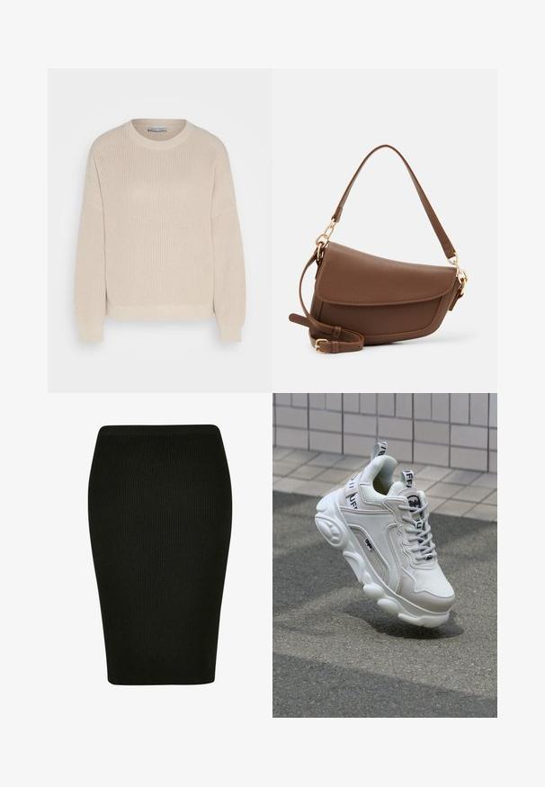 Anna Field Trui - grey; Zwarte geribbelde kokerrok met een aansluitend ontwerp. Heeft een hoge tailleband en gestructureerde stof, waardoor een soepele silhouet ontstaat.; Witte sneaker van mesh en leer, met een ronde neus, dikke zool, opvallende veters en merklogo op de hak en tong.; Bruine leren schoudertas met een gestructureerde afwerking, gebogen vorm, hardware in goudkleur, verstelbare schouderband en klepafsluiting.